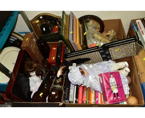 THREE BOXES AND LOOSE SUNDRY ITEMS to include a Quran/Koran book stand, shield shaped mirror with stand, reproduction bisque 