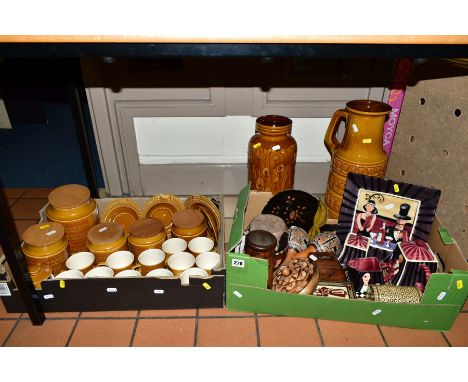 TWO BOXES AND LOOSE CERAMIC AND SUNDRY ITEMS, to include Hornsea 'Saffron' storage jars, cups, saucers, jug etc, novelty cera