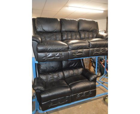 TWO BLACK LEATHER RECLINING SOFAS including one three seater (both ends reclining), width 210cm and a two seater sofa both re