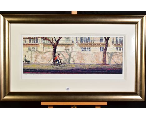 ROLF HARRIS (AUSTRALIAN 1930), 'Cyclist, Bayswater Road', a study of a London street, a Limited Edition print, 154/195, signe