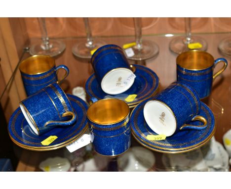 SIX WEDGWOOD COFFEE CANS AND SAUCERS, gilt detailing and interior on blue ground, X8943 to base (12) (one cup with hairline a