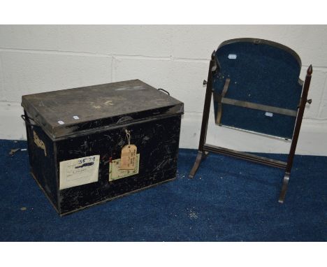 A METAL DEED BOX, a modern overmantel mirror and a swing mirror (2)Condition Report  Tin trunk showing scratches due to age, 