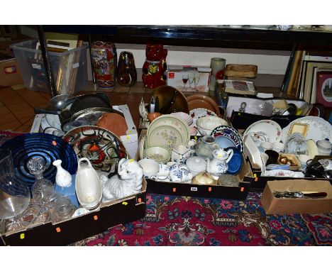 SIX BOXES AND LOOSE CERAMICS, GLASSWARES, PICTURES, STAINLESS STEEL, CUTLERY, etc, to include three pieces Masons 'Fruit Bask