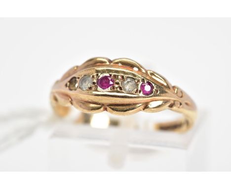 A 9CT GOLD RUBY AND PASTE BOAT RING, designed as a graduated line of circular rubies and colourless pastes to the scalloped e