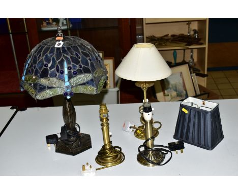 A TIFFANY STYLE TABLE LAMP, with Dragonfly design shade, total height approximately 49cm, together with three small table lam