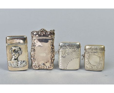 FOUR VESTA CASES OF RECTANGULAR FORM, comprising three hallmarked silver, Joseph Gloster, Birmingham 1905, Thomas James Skelt