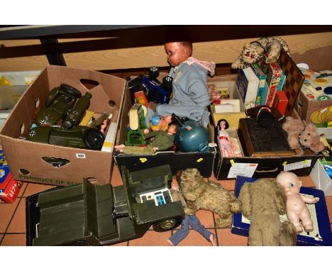 THREE BOXES OF TOYS, GAMES, etc, to include two Action Man (missing hands), Military Action Man vehicles, soft toys, dolls, '