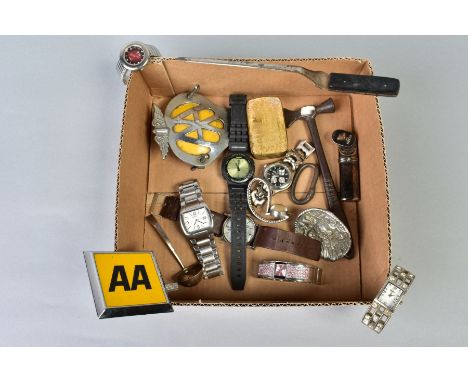 A SMALL BOX OF WATCHES etc, to include a gentleman's DKNY wristwatch, a Casio watch etc, together with two vintage AA badges,