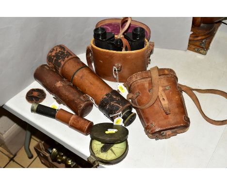 OPTICAL INSTRUMENTS to include WWI binoculars by J B Brooks Ltd, dated 1916 to leather case, five draw brass telescope by W W