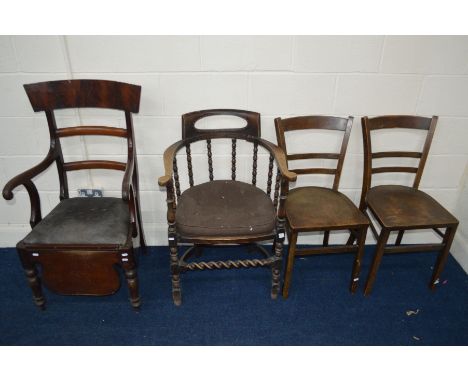 AN EARLY 20TH CENTURY MAHOGANY BOBBIN TURNED SMOKERS CHAIR, together with a Victorian mahogany commode chair and two other ch