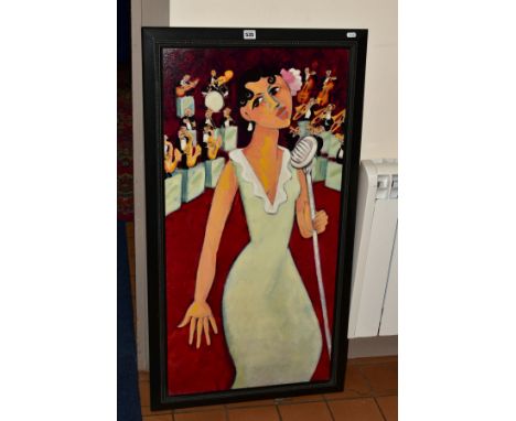 MARSHA HAMMEL (AMERICAN 1949) 'SINGER WITH BAND' a limited edition print on canvas board of female figure before a jazz band,