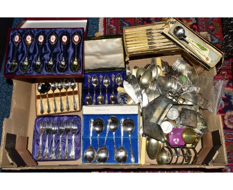 A BOX OF CASED AND LOOSE CUTLERY AND FLATWARE, etc, including a tin containing two £5 coins and other low denomination coinag