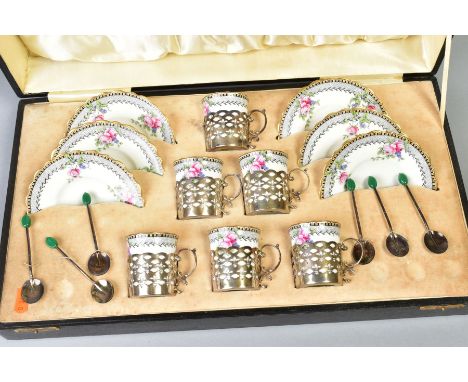 A CASED 1920'S AYNSLEY BONE CHINA AND SILVER COFFEE SET, comprising six coffee cans and saucers, printed and tinted with flow