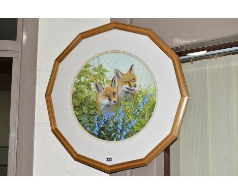 PAM MULLINGS (CONTEMPORARY), 'Fox Cubs', a study of a pair of Fox Cubs peering over bluebells, signed lower left, watercolour
