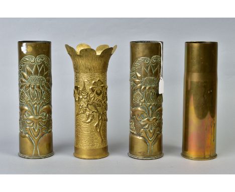 FOUR BRASS SHELL CASES, three of which are trench art, to include one named and dated PAISSY1917
