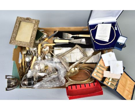 A BOX OF PLATED CUTLERY, FRAMES etc, to include a single row, uniform cultured pearl necklace, a pair of cultured pearl stud 