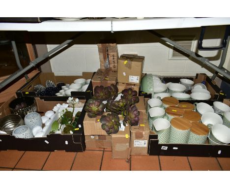 FOUR BOXES OF CERAMICS, GLASS, DRIED FLOWERS etc, to include glass candle holders, Lene Bjerre ceramic storage jars, jugs, bo
