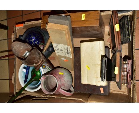A BOX OF SUNDRY ITEMS to include R A F photographic plates dated 1942/1943, various camera dark slides (a/f), wooden box of a