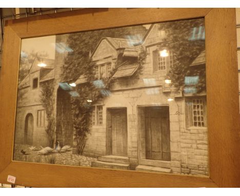 Architectural study with geese charcoal with body colour picture, signed J E J 1898, 51 x 75 cm 