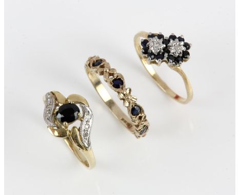 Three sapphire rings, including a floral motif ring set with sapphires and diamonds, in 9 ct, size M, a sapphire carved flora