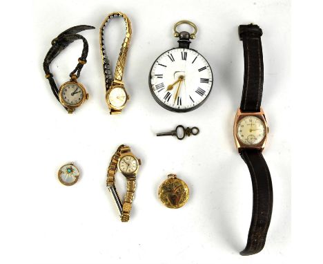 A silver open face  pocket watch,the white enamel dial with roman numeral hour markers, gilt hands, the fusee movement signed