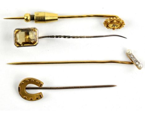 Four stick pins, including three 9 ct pins, one a with set with a old cut diamond, one set with old cut diamonds and pearls, 