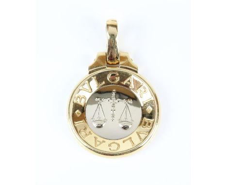Bvlgari Libra zodiac pendant, white gold centre depicting the Libra scales, with a yellow gold surround engraved Bvlgari, sta