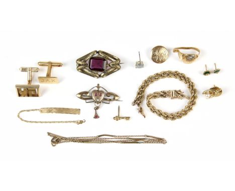 A collection of mostly gold jewellery, including a broken double rope chain bracelet in 14 ct, a bent diamond set signet ring