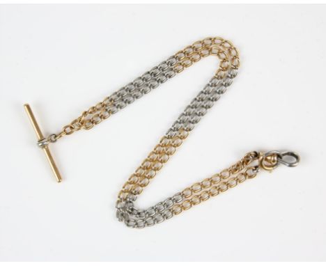 Bicolour albert chain, with curb links, a T bar, swivel clasp to one end, and bolt ring to the other, in 18 ct, 41cm in lengt