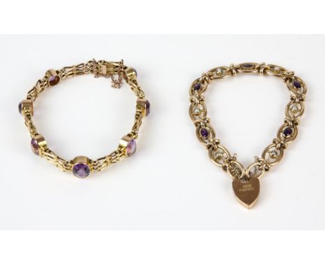 Two fancy link gem set bracelets, one set with seed pearls and oval cut amethysts, with a heart padlock fastening, in 9 ct, t