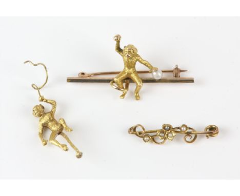 Two brooches, including a swinging monkey brooch, stamped 9 ct, together with a broken seed pearl brooch, in gold testing as 