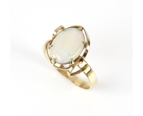 Opal ring, oval cabochon cut opal measuring 12.5mm x 9mm, claw set in gold stamped 9 ct, ring size Q½Condition Report:  Gross