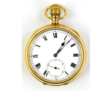 A Gold open face  Pocket Watch , the unsigned white enamel dial Black roman numeral hour markers set within a railway minute 