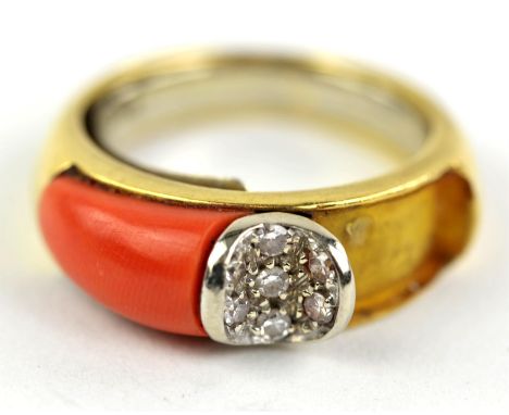 Fred coral ring, with single cut diamonds set to the top of the band, with one side of coral missing, in 18 ct, ring size L½ 
