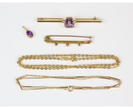 A selection of jewellery including a single stone amethyst bar brooch, a three stone diamond bar brooch, an amethyst and pear