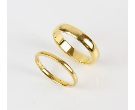 Two 22 ct wedding bands, one measuring 4.3mm, ring size R, and one measuring 2mm, ring size NCondition Report:  Gross weight 