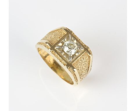 A diamond set signet ring, with central round brilliant diamond weighing an estimated 0.75 carats, claw set in a textured ban