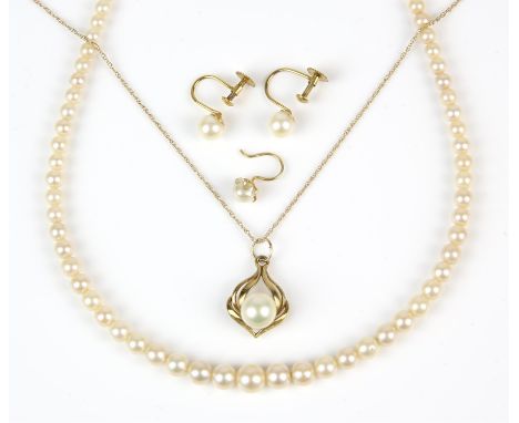 A collection of pearl jewellery including a string of graduated pearls, with a 9 ct diamond set clasp, 42cm in length, with a