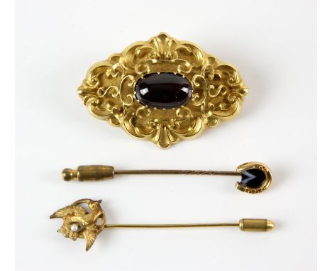 Garnet  brooch with glazed locket to the reverse, tested as 15 ct with a higher wash,and 15 ct  dragon stick pin and a tested