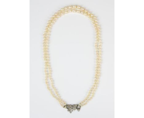 Double strand pearl necklace, two strands of graduating pearls, the largest measuring 7.5mm, and the smallest 3.3mm, individu