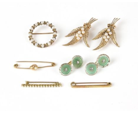 Six brooches and a pair of cufflinks, including three bar brooches, one engraved June, stamped 15 ct, one set with seed pearl
