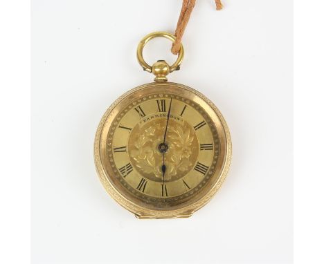 Gold open face pocket watch, the foliate engraved  dial with Black roman numeral hour markers within chapter ring, fitted wit