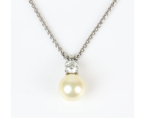 Pearl and diamond drop pendant, with a cream pearl measuring 9.7mm, with a round brilliant diamond weighing an estimated 0.41