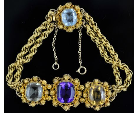 Cannetille gem set bracelet, fancy textured link bracelet centrally set with a citrine, amethyst and a prasiolite, in beaded 