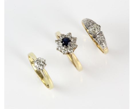 Three 18 ct diamond rings, including a single stone diamond ring set with a round brilliant diamond weighing an estimated 0.3