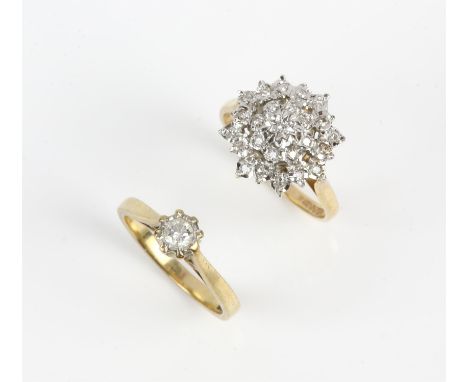 Two diamond set rings, including a diamond floral cluster ring, set with single cut diamonds, in 9 ct, size O, together with 