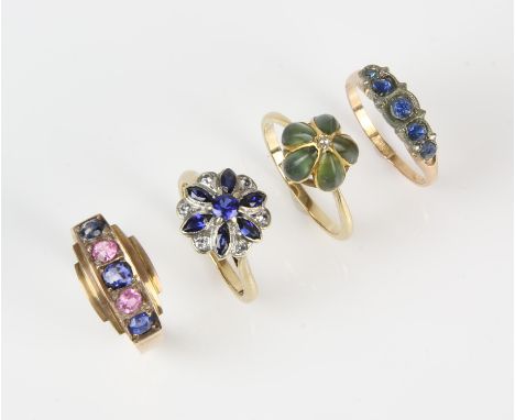 Four gem set rings, including a sapphire and CZ floral cluster ring, size M, a pink and blue sapphire five stone ring, size O