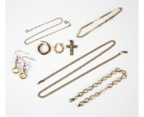 A selection of 9 ct gold jewellery, including an infinity link bracelet, length 20cm, a fancy bar and chain link bracelet, le