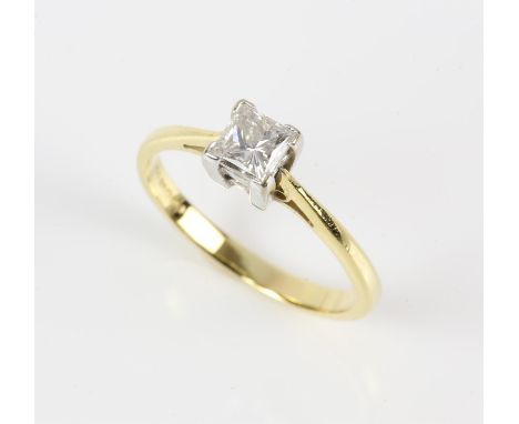 Princess cut single stone diamond ring, claw set diamond weighing an estimated 0.47 carats, mounted in 18 ct yellow gold, rin