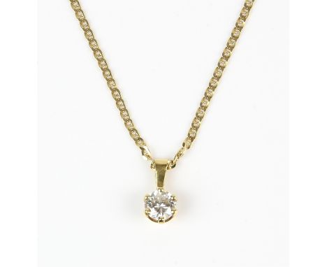 Single stone diamond pendant, round brilliant diamond weighing an estimated 0.75 carats, claw set in 18 ct yellow hold, on a 